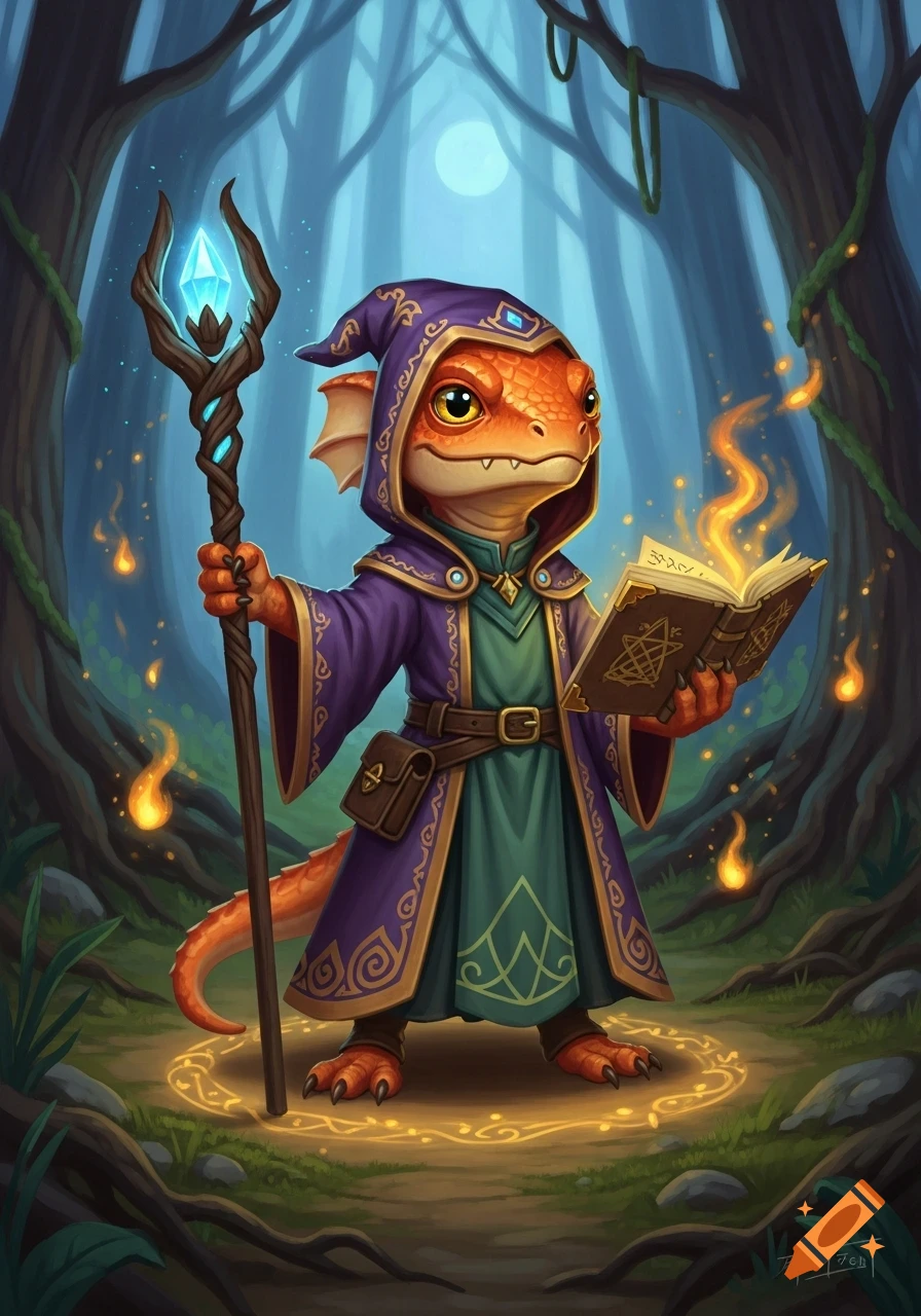 An adorable orange kobold wizard in a purple robe and hood holds a glowing staff and a magical spellbook in a mystical forest.