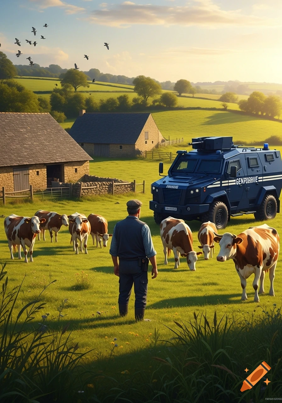 A farmer in a rural field watches over cows, with stone farmhouses and a dark blue armored Gendarmerie vehicle in the background at sunset.