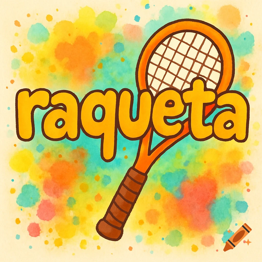 Colorful, childish illustration of the word 'raqueta' with a tennis racket replacing the letter 'q' on a watercolor splash background.