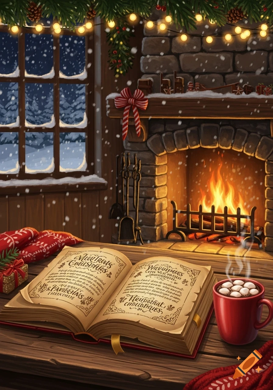 A cozy Christmas scene featuring an open book, a mug of hot cocoa with marshmallows, a fireplace, and a snowy window, all adorned with festive lights and decorations.