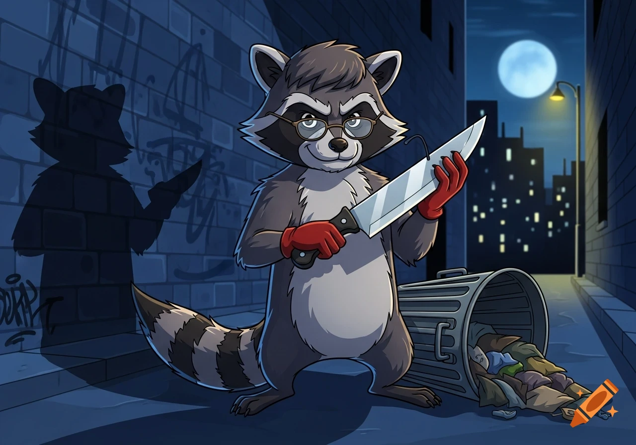 A cartoon raccoon wearing glasses and red gloves stands in a dark alley at night, holding a large knife. A trash can is overturned nearby, and a full moon is visible in the sky.