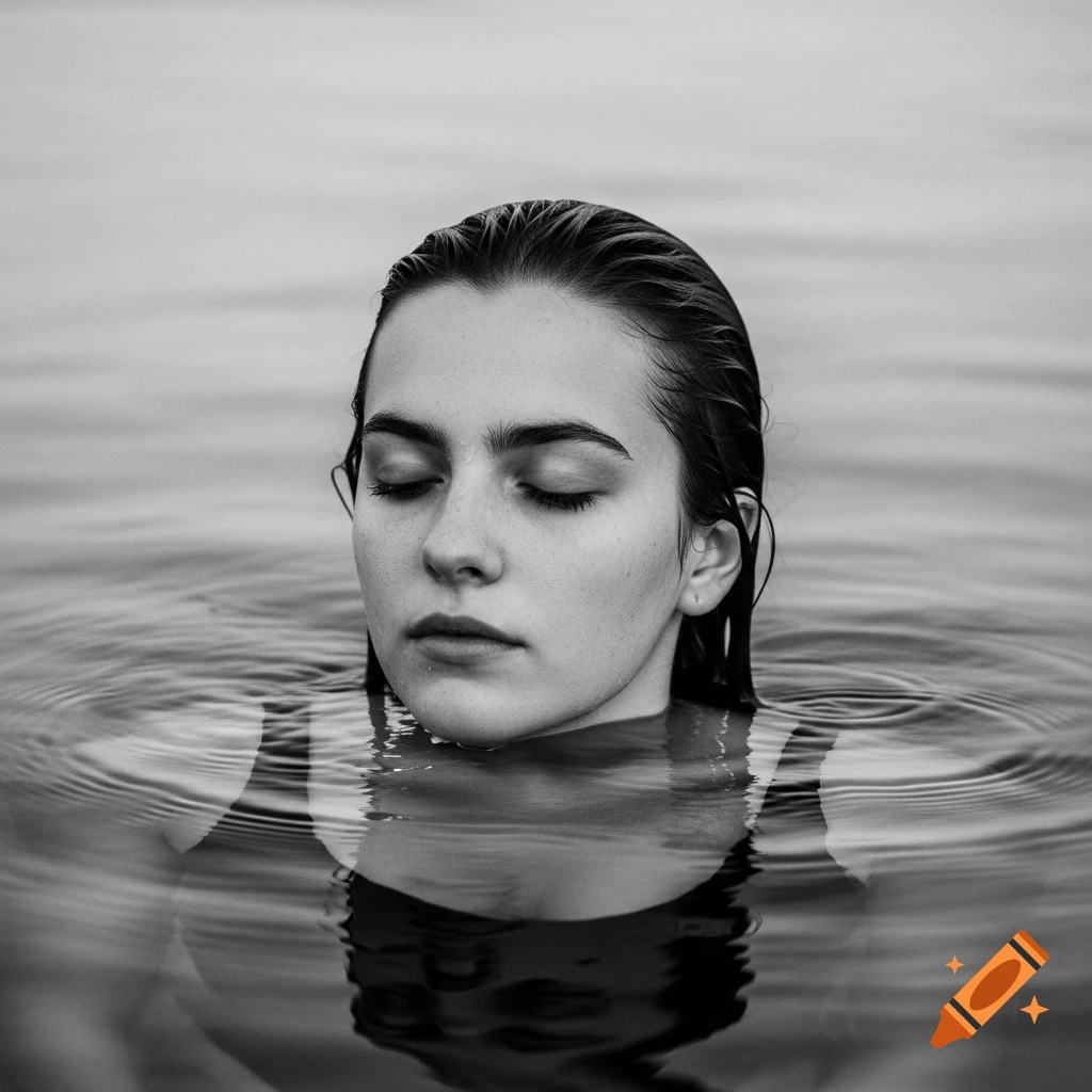 Black and white close-up of a woman with wet hair floating in water, eyes closed, conveying a serene mood.