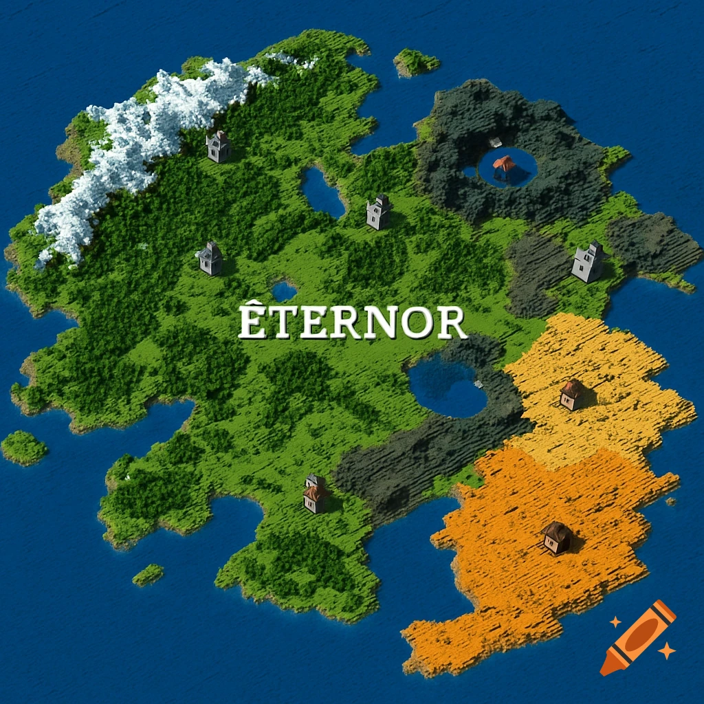 Isometric voxel art map of the continent Éternor, featuring diverse biomes including mountains, forests, lakes, and scattered buildings.