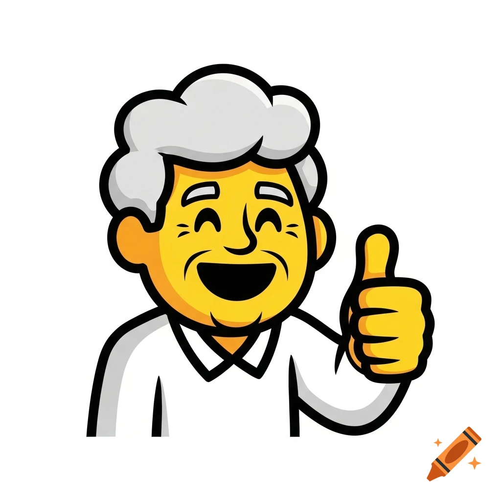 Cartoon elder man with a yellow face and gray hair giving a thumbs up in an emoji-style.