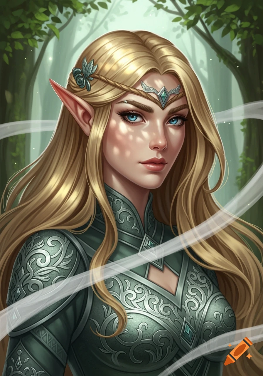 Blonde elven huntress with blue eyes, long hair, and pointed ears, wearing ornate green armor, in a sunlit forest portrait.