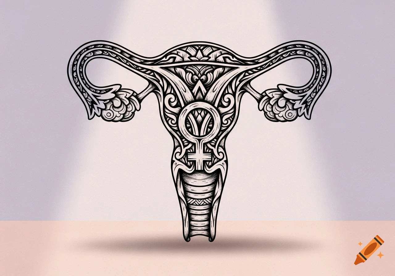 Stylized uterus illustration with a female gender symbol and tribal patterns.