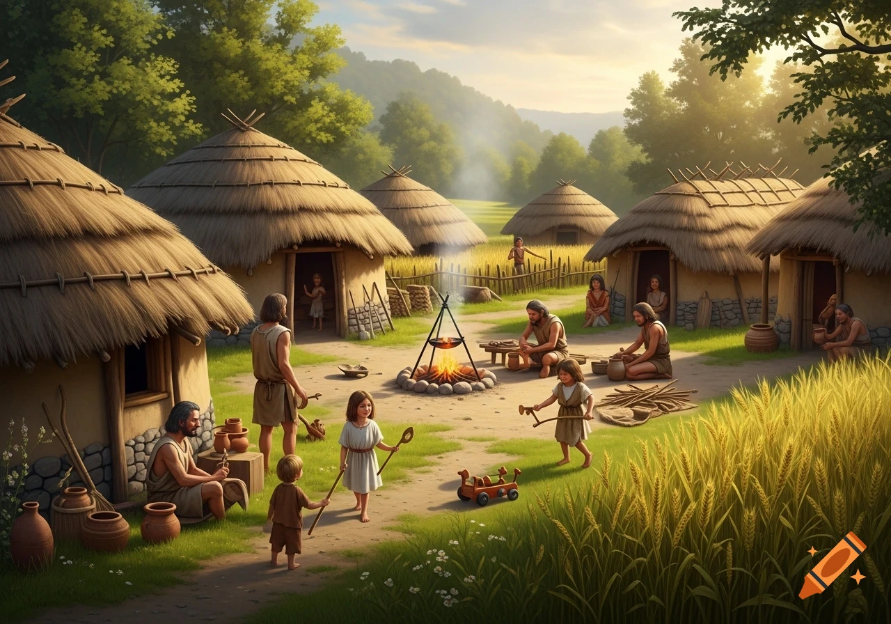 A detailed illustration of a Neolithic village with thatched huts, people performing daily tasks and children playing, surrounded by fields under a sunny sky.