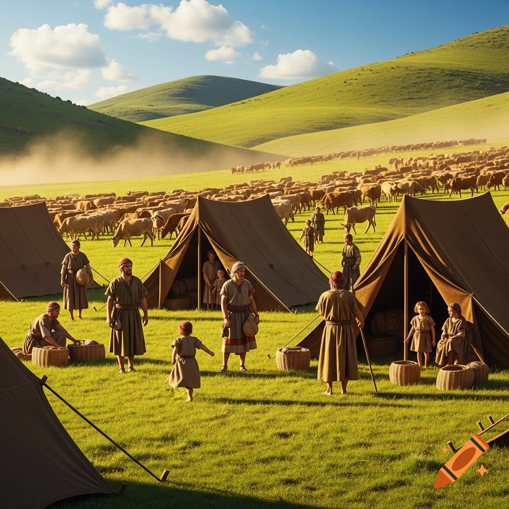 A photorealistic image of nomadic people in ancient attire with tents and herds of cattle grazing on lush green rolling hills under a blue sky.