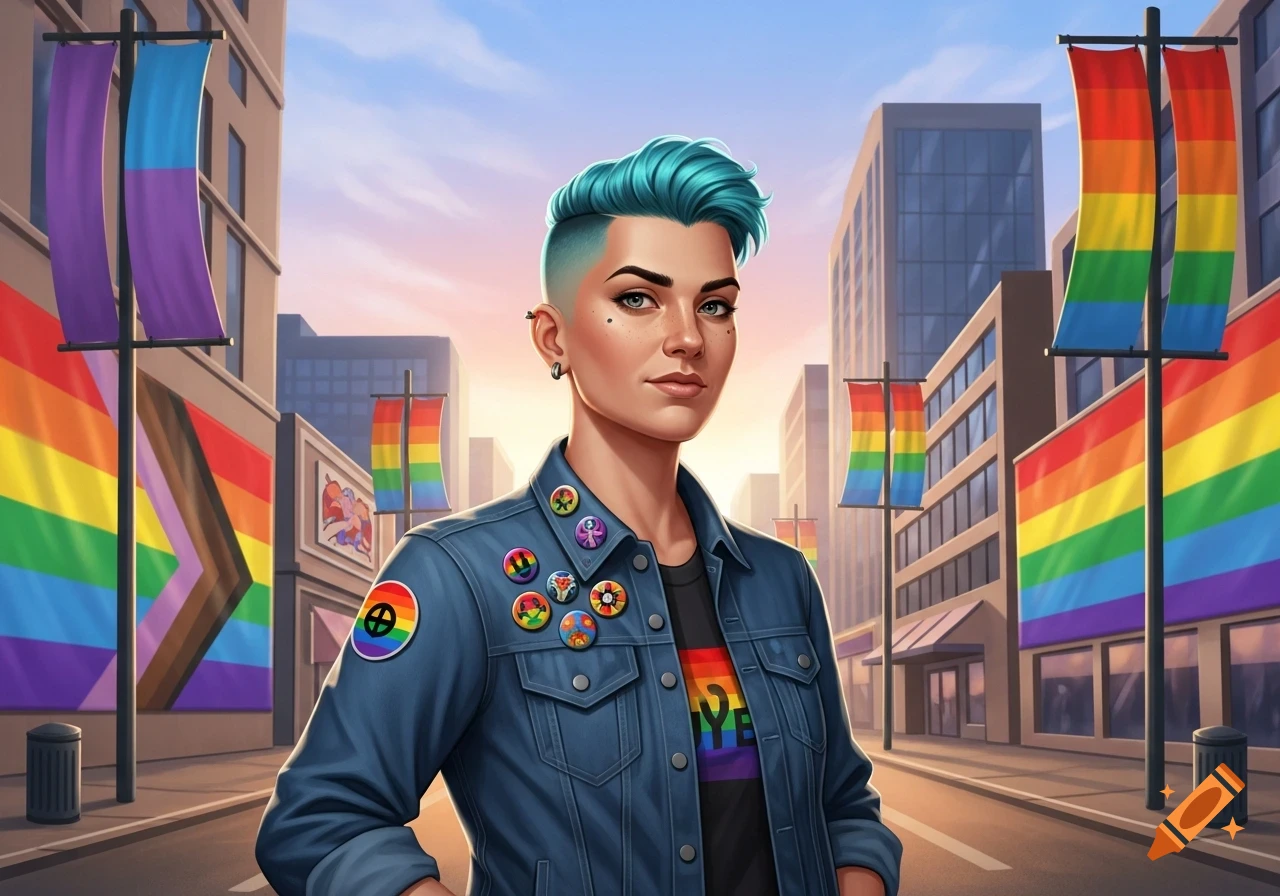 A person with short blue hair and a denim jacket with pride pins stands on a city street adorned with rainbow and progress pride flags.