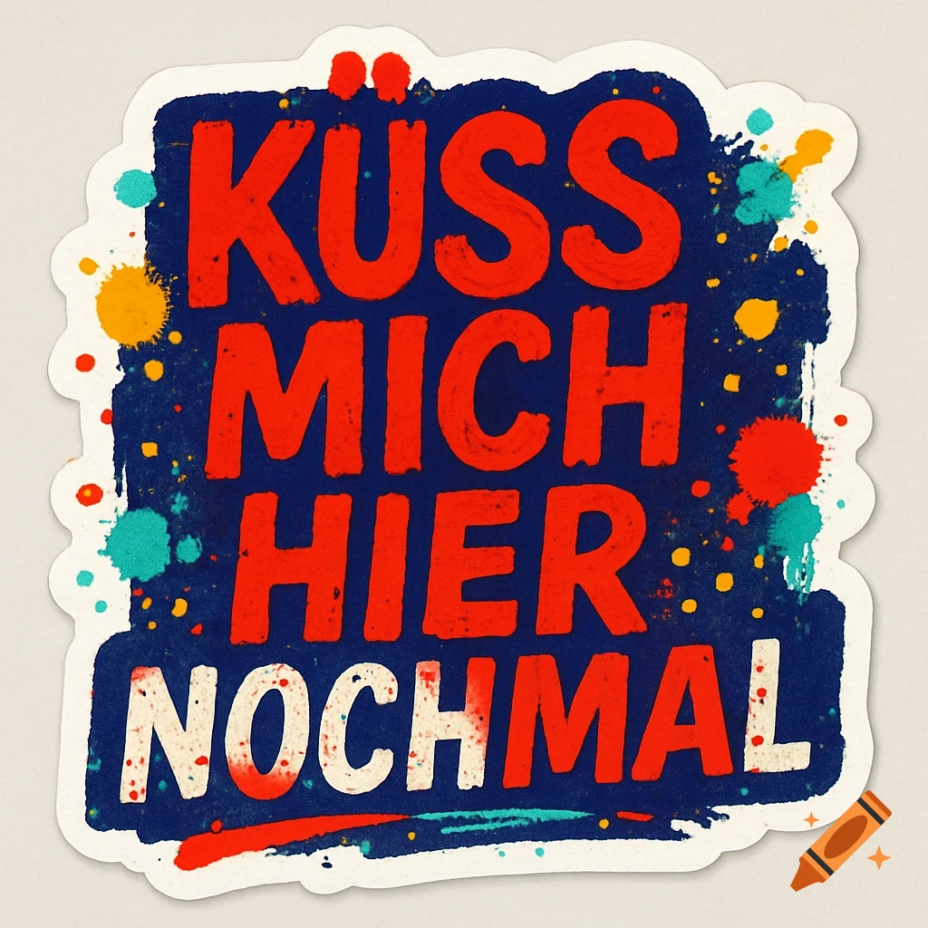 Colorful sticker with 'KÜSS MICH HIER NOCHMAL' in bold red and white text on a blue background with paint splatters.