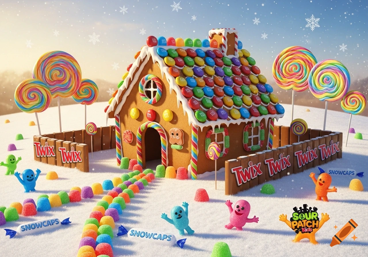 A whimsical gingerbread house decorated with colorful M&M's and lollipops, surrounded by Twix fences, Sour Patch Kids, and Snowcaps in a snowy landscape.