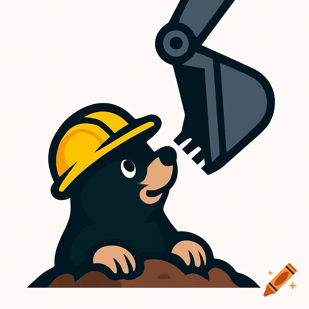 Minimalist vector logo of a cute mole in a yellow hard hat looking up at an excavator bucket.