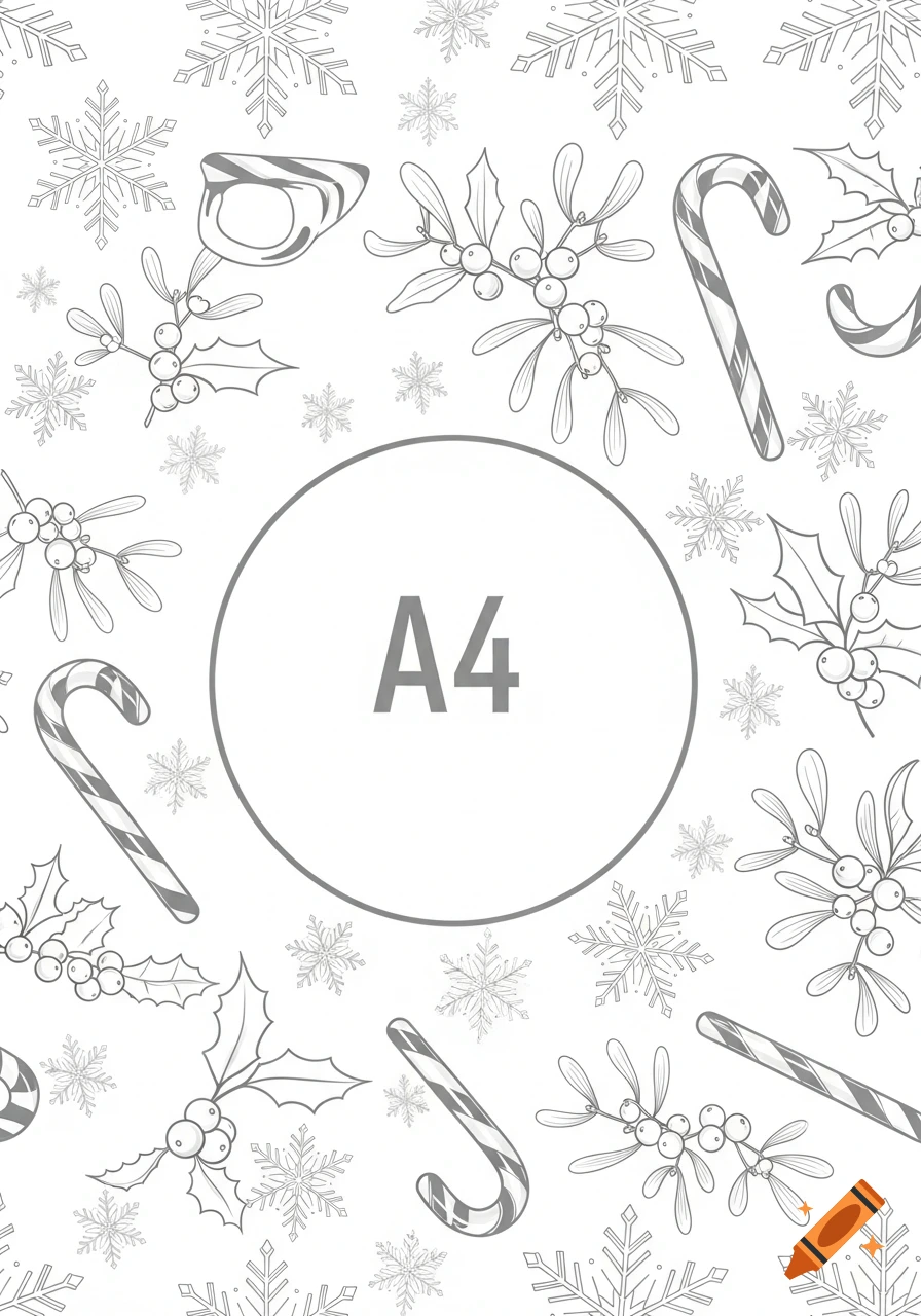 A white background with gray vector illustrations of snowflakes, candy canes, mistletoe, and holly, with "A4" centered in a circle.