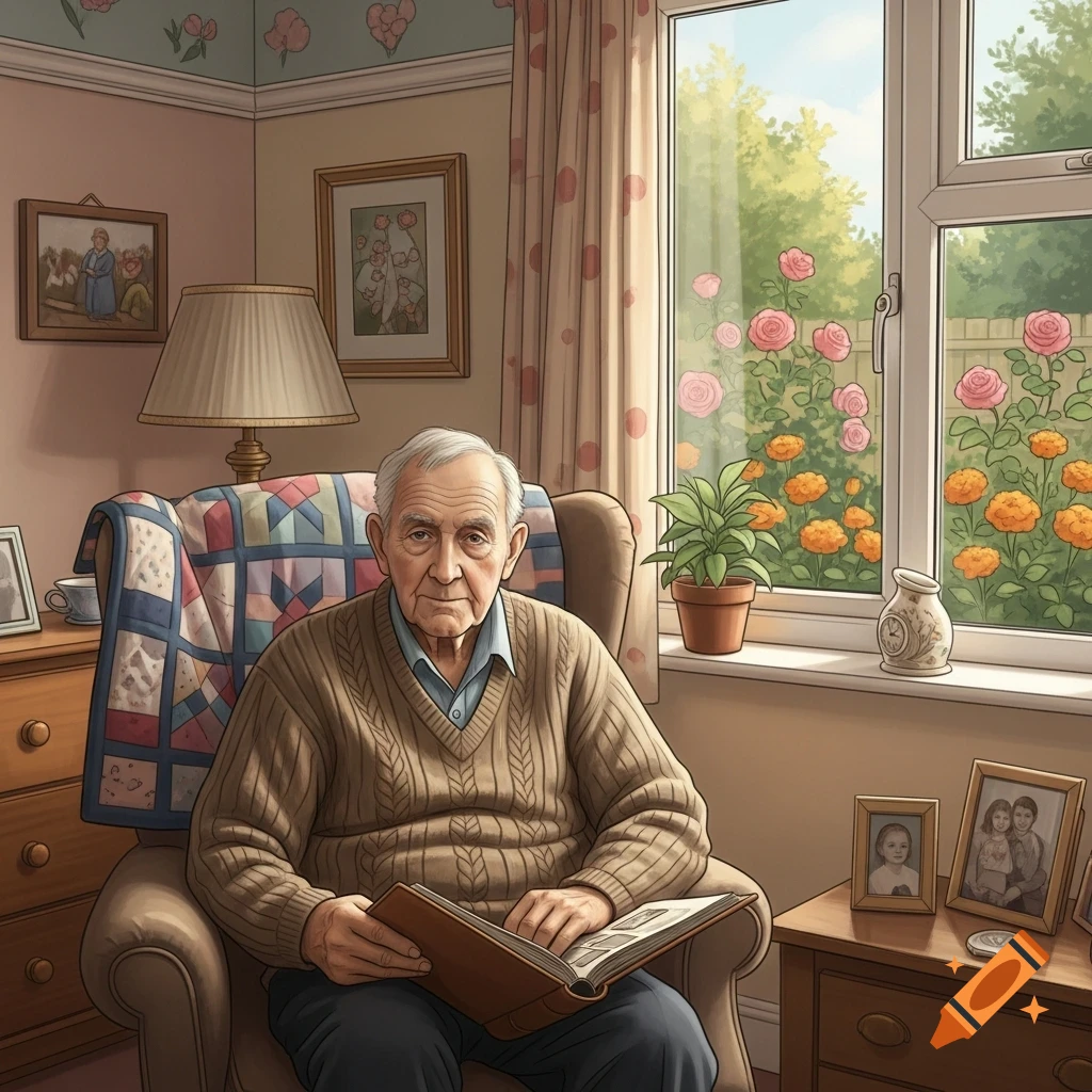 An illustrated elderly man sits in an armchair, holding an open book, in a cozy room with a window overlooking a flower garden.