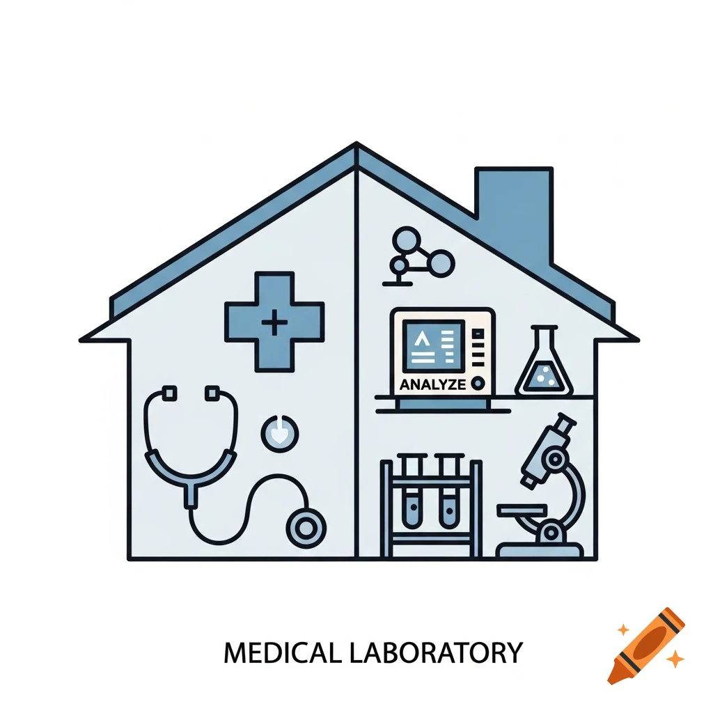 A pictogram of a house symbol split into a doctor's office and a medical laboratory with instruments and text 'MEDICAL LABORATORY'.