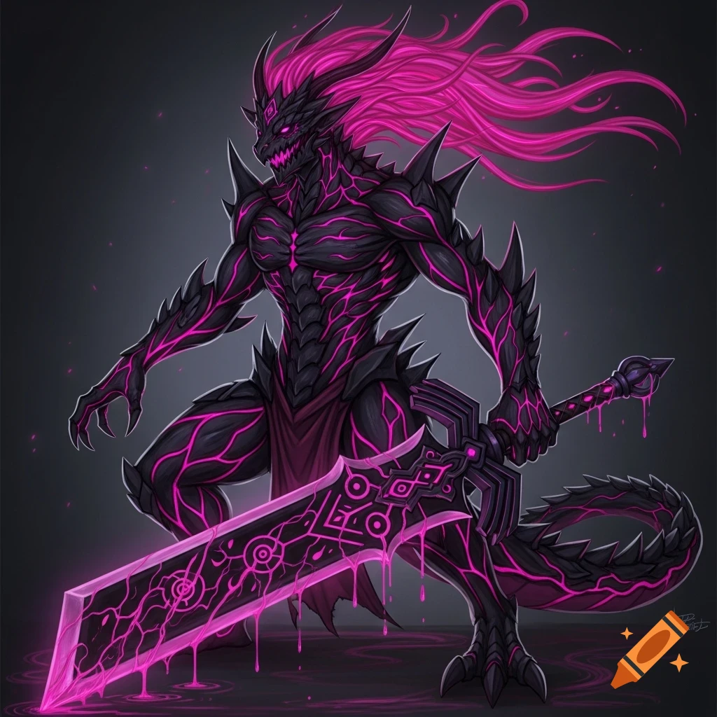 A monstrous black dragon-like warrior with glowing magenta veins and flowing hair stands with a colossal magenta sword dripping essence.