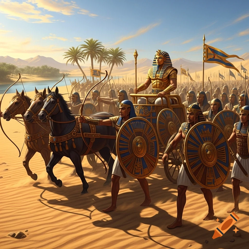 An ancient Egyptian pharaoh in a golden chariot leads his army of archers and shield-bearers through a desert landscape.