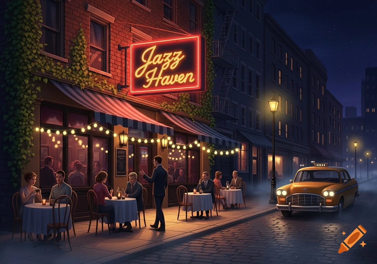 A vibrant jazz club, "Jazz Haven," with outdoor dining and a yellow taxi on a cobblestone street at night.