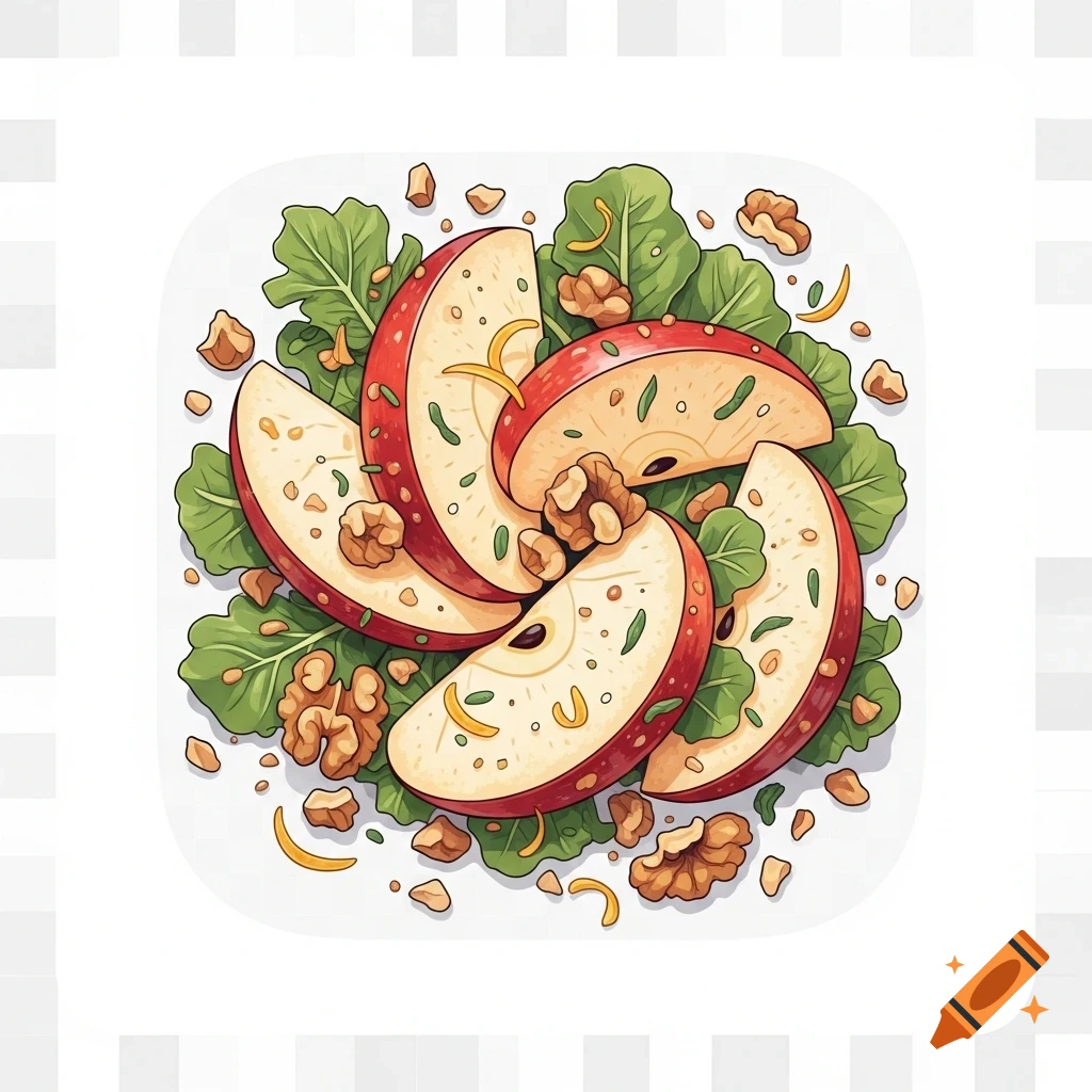 Illustrated app icon of an apple salad with red apple slices, walnuts, green leaves, and lemon zest arranged in a circular pattern.