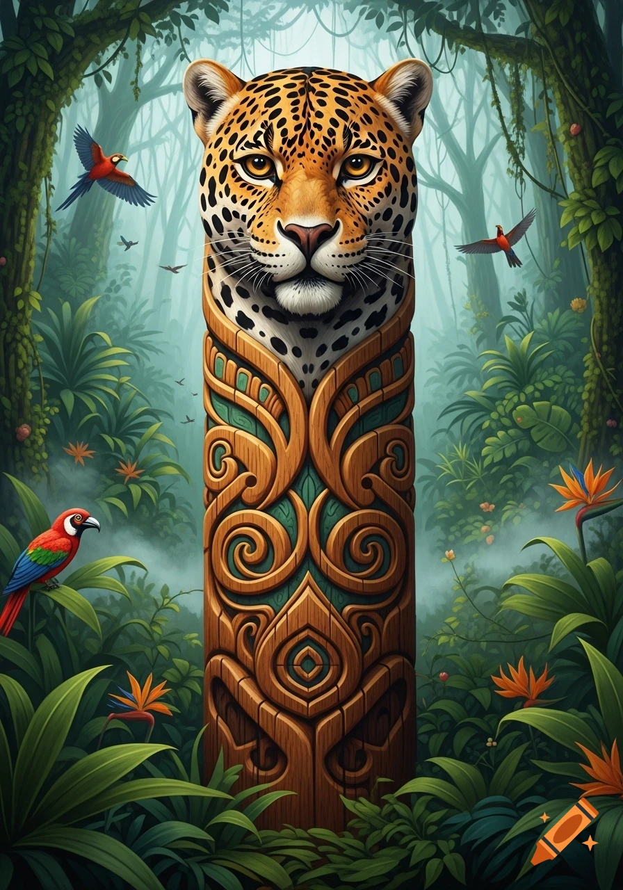 A detailed jaguar head tops a carved wooden totem pole in a lush jungle with colorful birds and tropical plants.