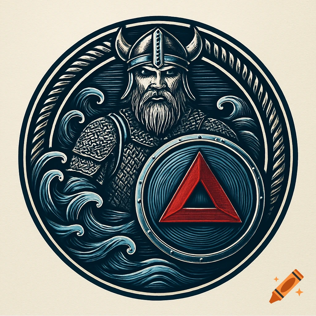 A detailed circular logo featuring a fierce Viking in a horned helmet and chainmail, holding a shield with a red Delta symbol, against a background of stylized waves.
