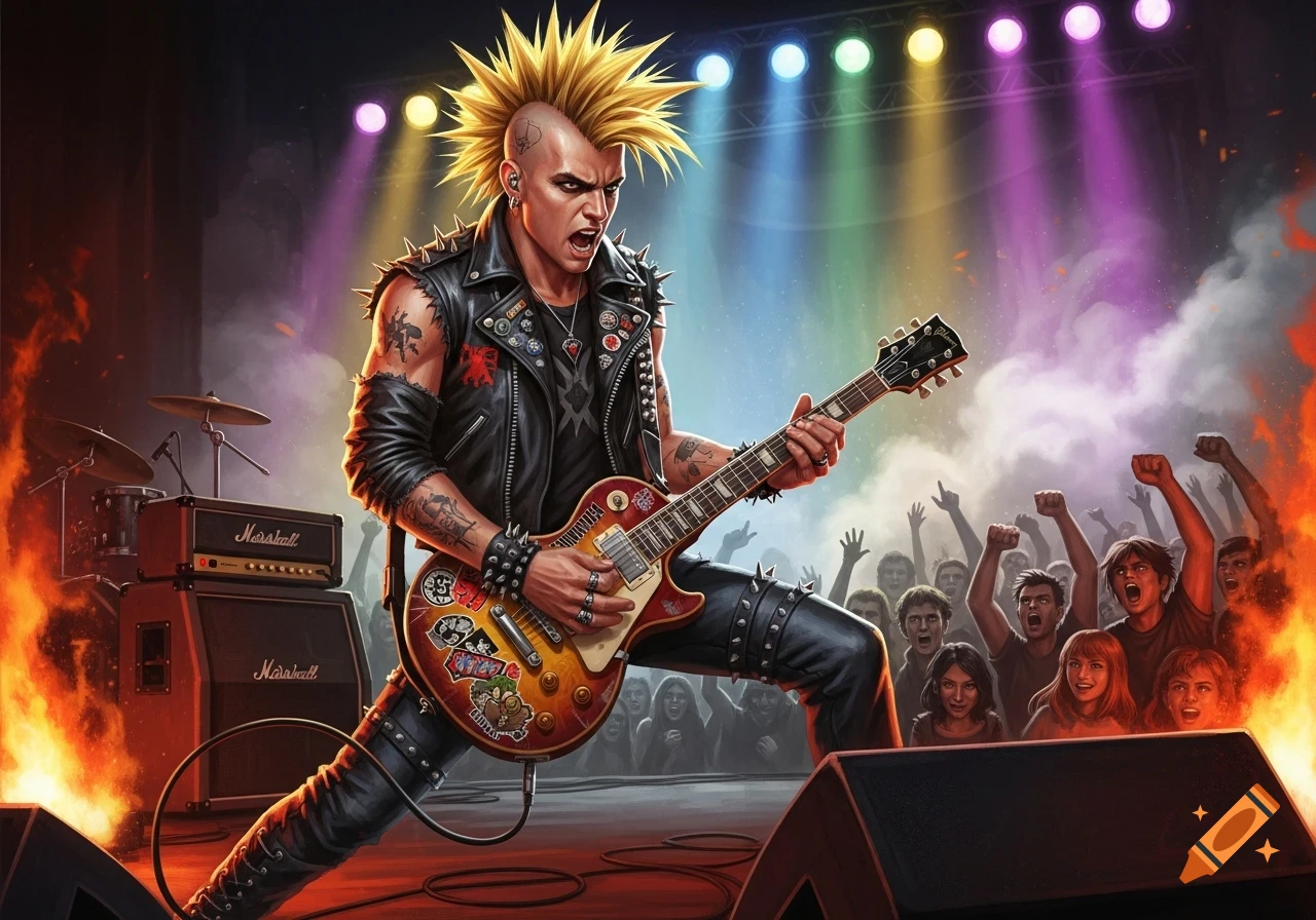 A blond male punk rock singer with a mohawk, leather jacket, and tattoos plays an electric guitar on stage, bathed in colorful spotlights, with a cheering crowd in the background.