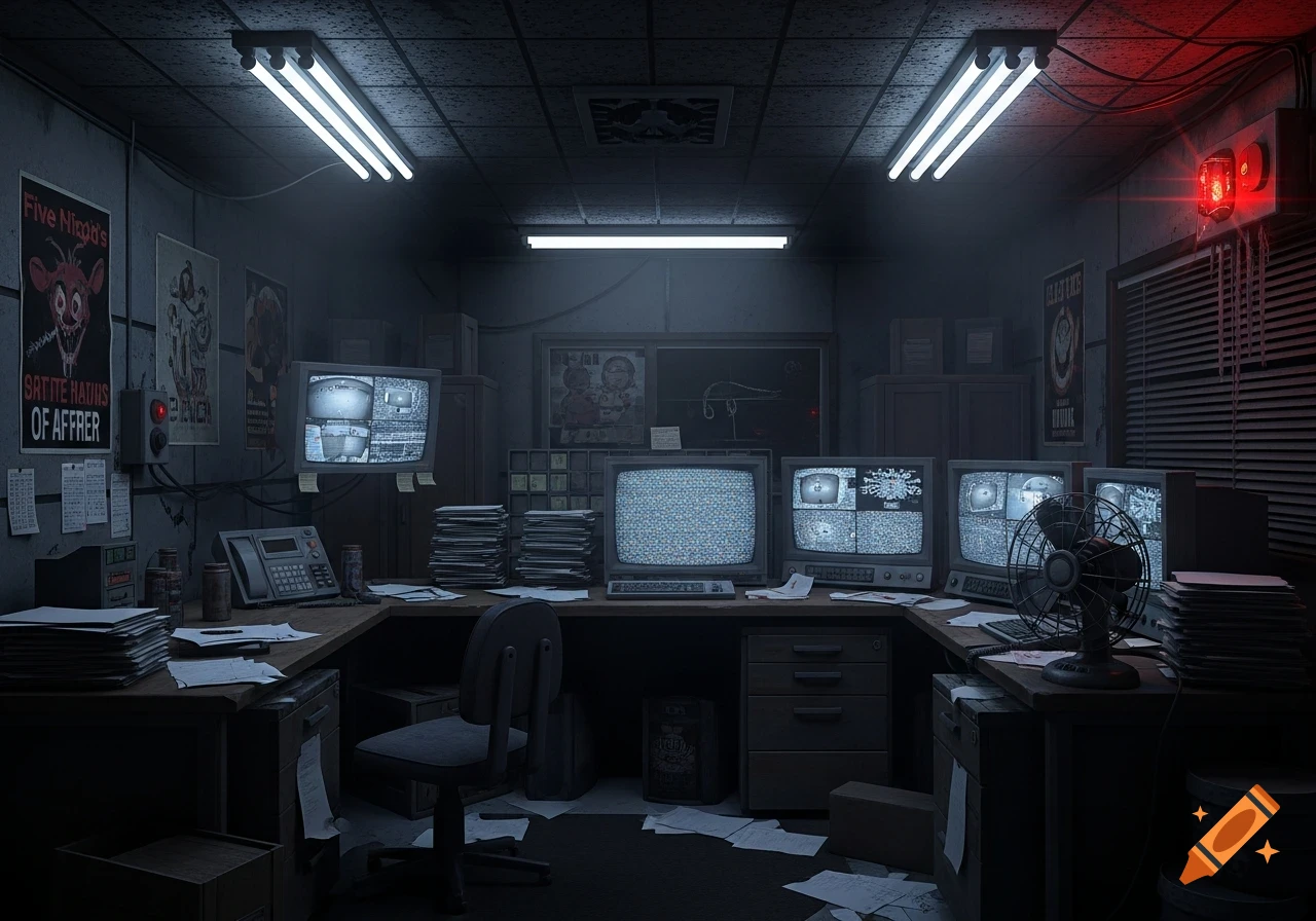A dark, cluttered surveillance office inspired by Five Nights at Freddy's, with multiple static-filled CRT monitors, ominous posters, and an old fan on the desk.