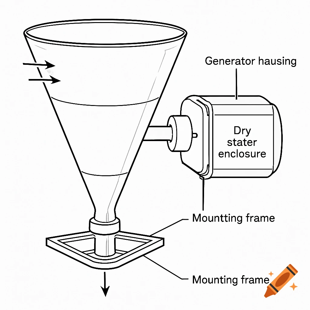 Black and white patent-style line drawing of a conical vortex turbine with a generator housing and mounting frame.