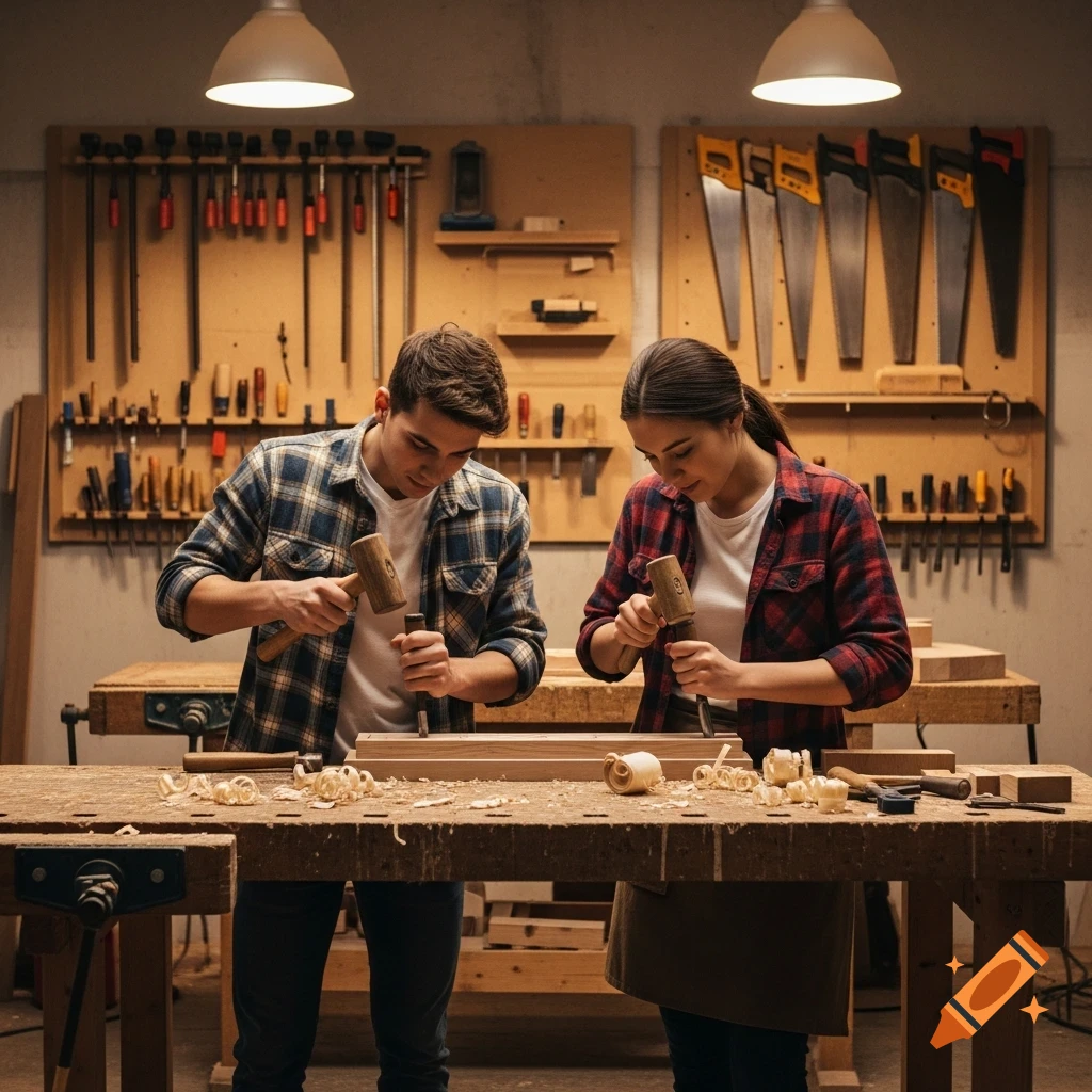 Two young craftspeople, a man and a woman, are focused on carving wood with chisels and mallets in a rustic workshop filled with tools.