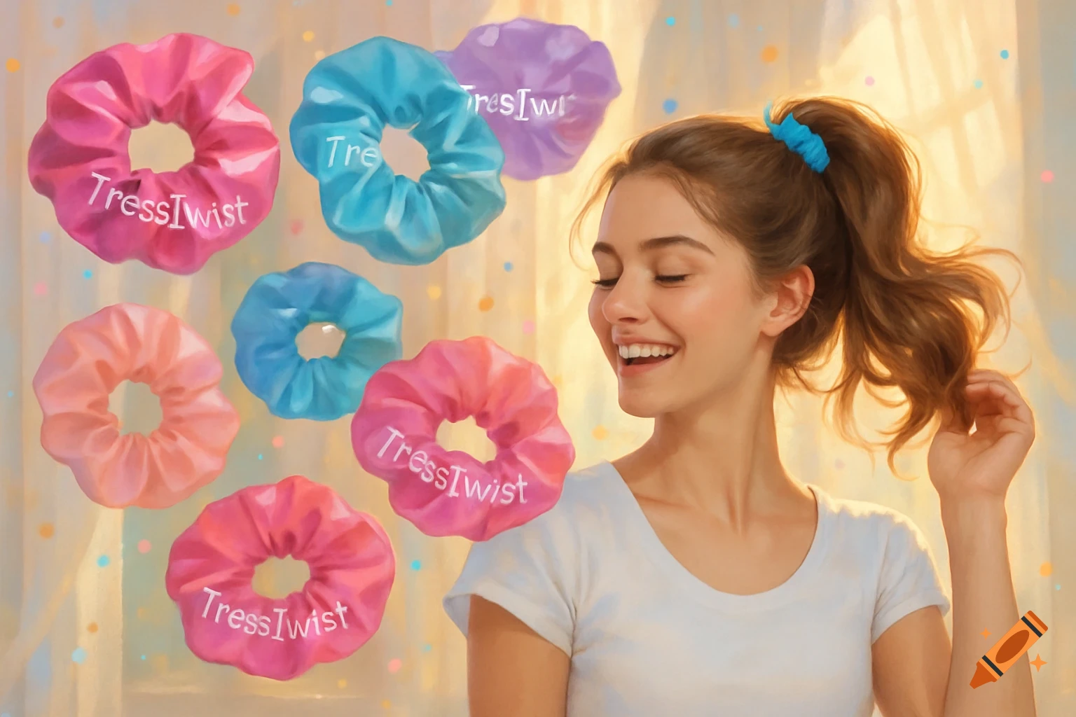 A smiling young woman with a ponytail looks at several colorful scrunchies, some labeled "TressTwist", against a warm, sunlit background.