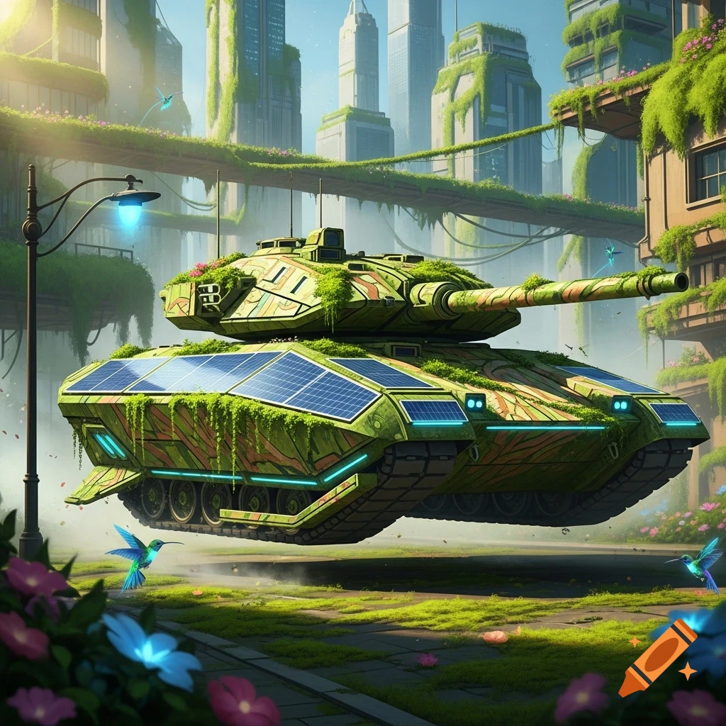 A futuristic solarpunk tank, covered in green vines and solar panels, floats in an overgrown city with hummingbirds flying nearby.