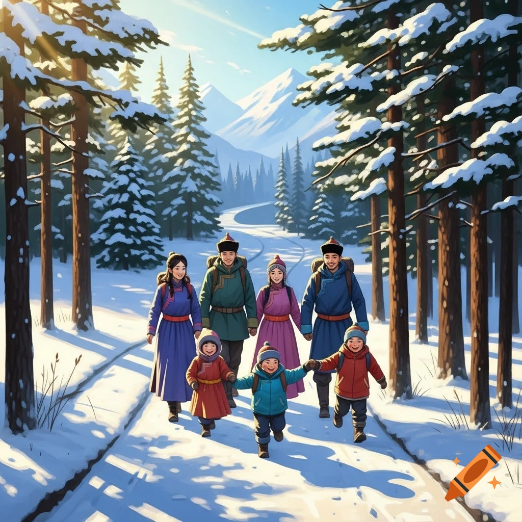 A Mongolian family of six, including two young children, hikes happily on a snowy path through a sunlit winter forest.