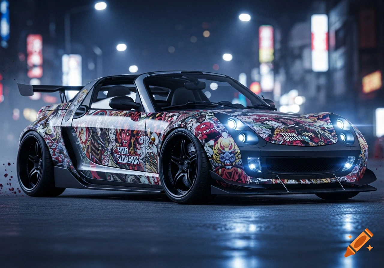 A customized Smart Roadster sports car with a vibrant anime-style demon art wrap and "F**KIN SLOWDOG" text, on a wet city street at night.