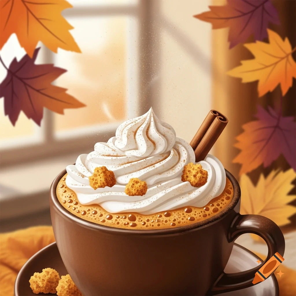 Stylized pumpkin chai latte with whipped cream, cinnamon sticks, and crumbs, with autumn leaves in the background.