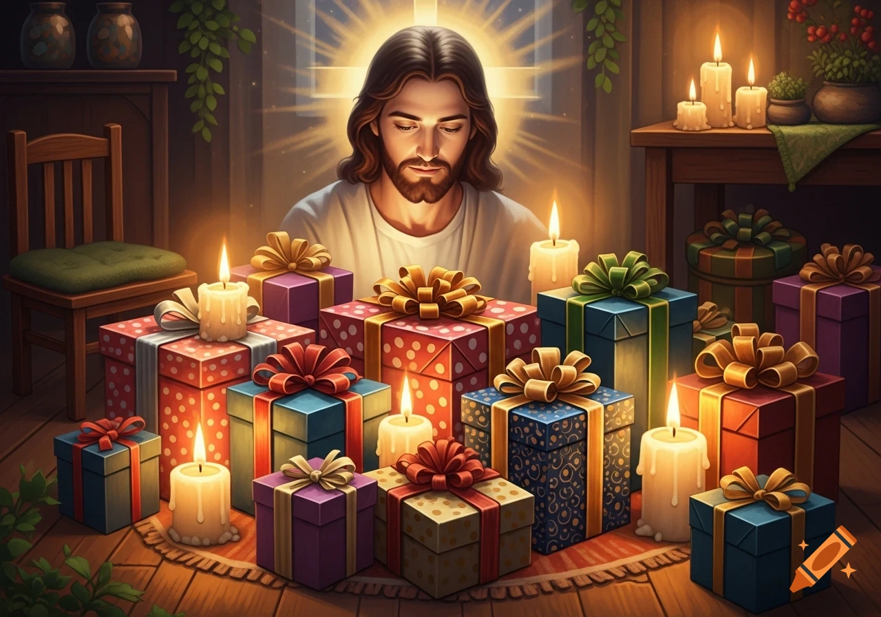 Jesus with a glowing halo, looking down at many colorful wrapped gifts and lit candles in a warm, dimly lit room.