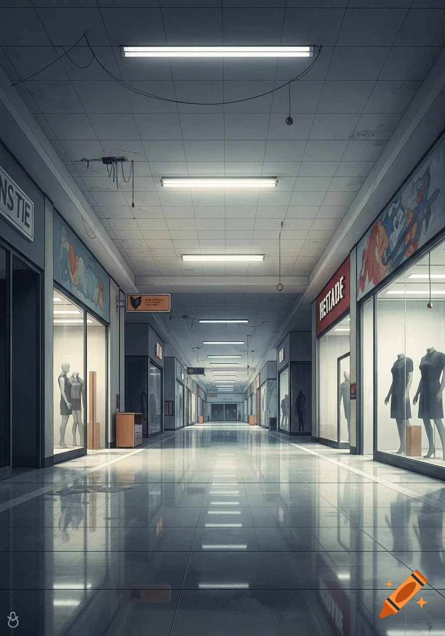 A long, empty shopping mall corridor with storefronts and mannequins, lit by fluorescent lights, creating a liminal space aesthetic.