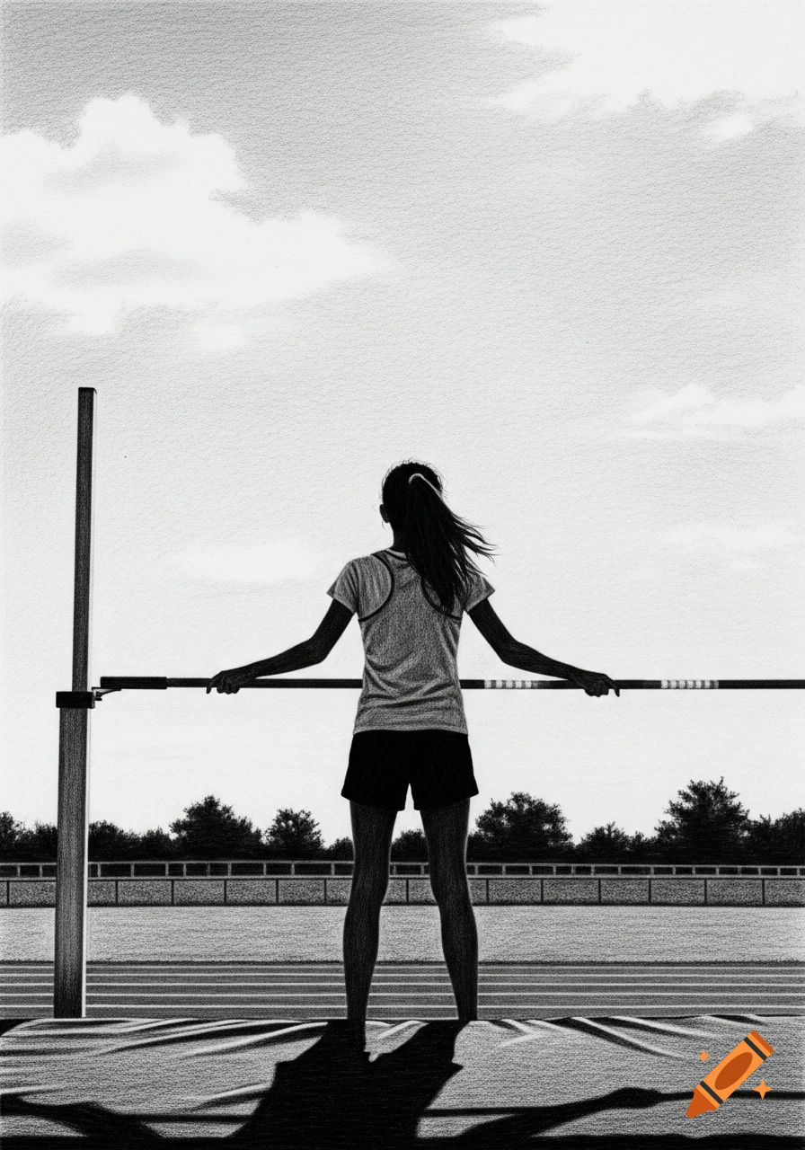 A black and white pencil drawing of a female athlete from behind, standing before a high jump bar.