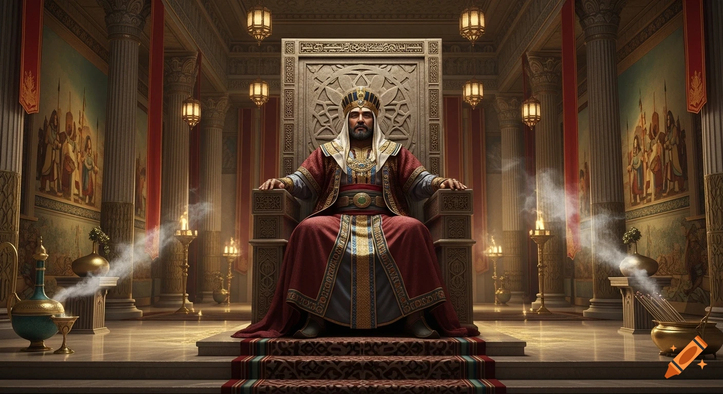 A richly dressed ancient Mideastern king sits on an ornate throne in a grand, illuminated palace hall with murals and incense.