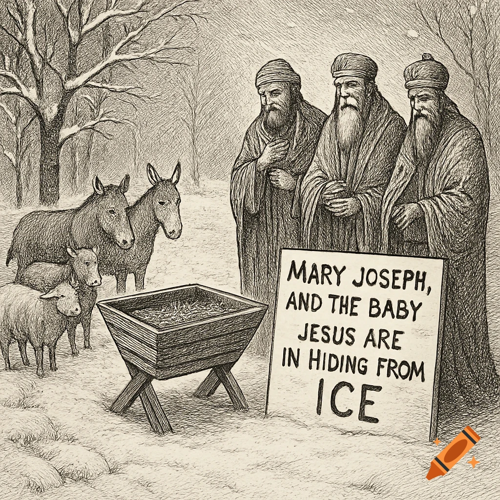 Pen and ink drawing of a snowy nativity scene with wise men, donkeys, lambs, an empty manger, and a sign about Jesus hiding from ICE.