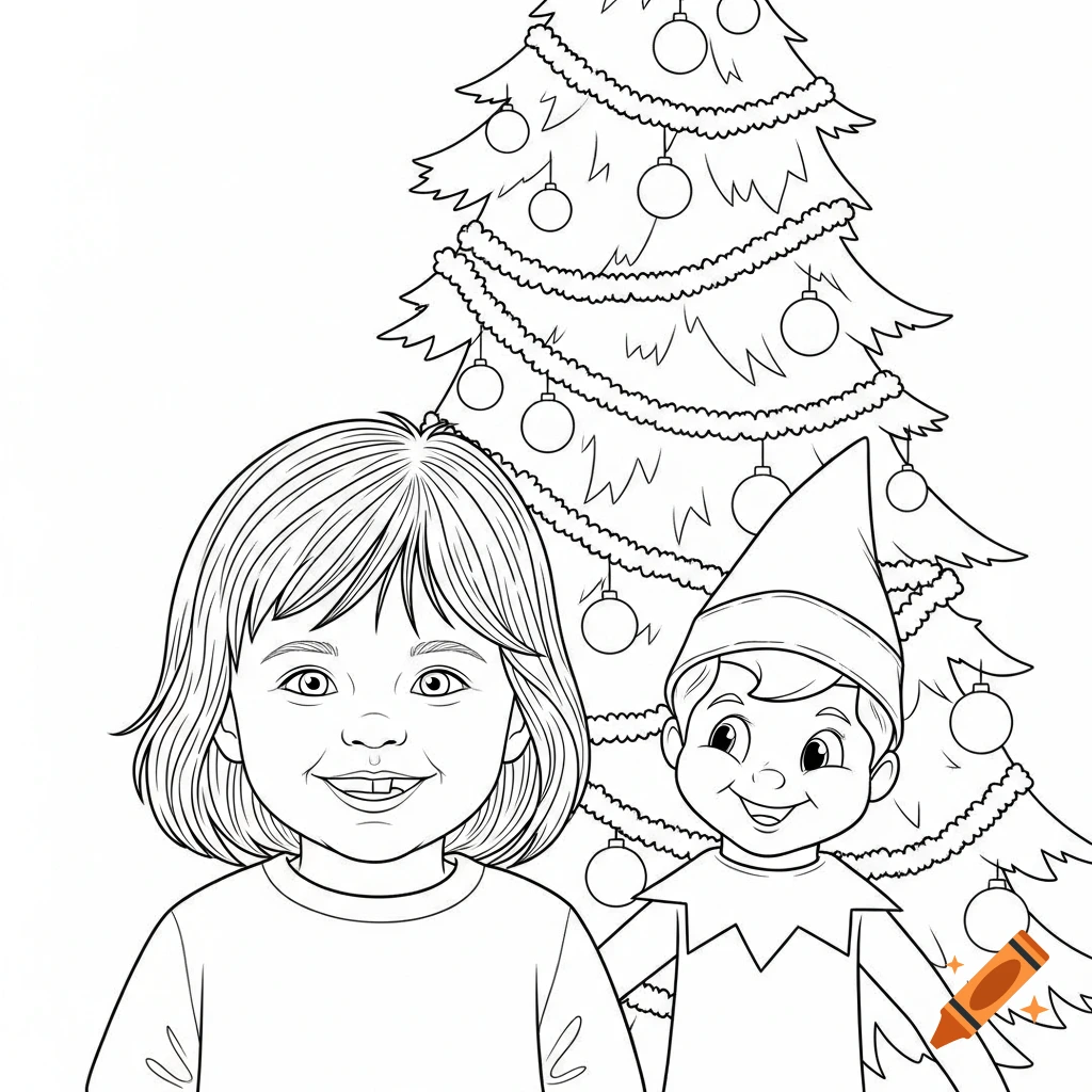 Black-and-white coloring page line drawing of a smiling child with a missing front tooth next to an elf and a decorated Christmas tree.