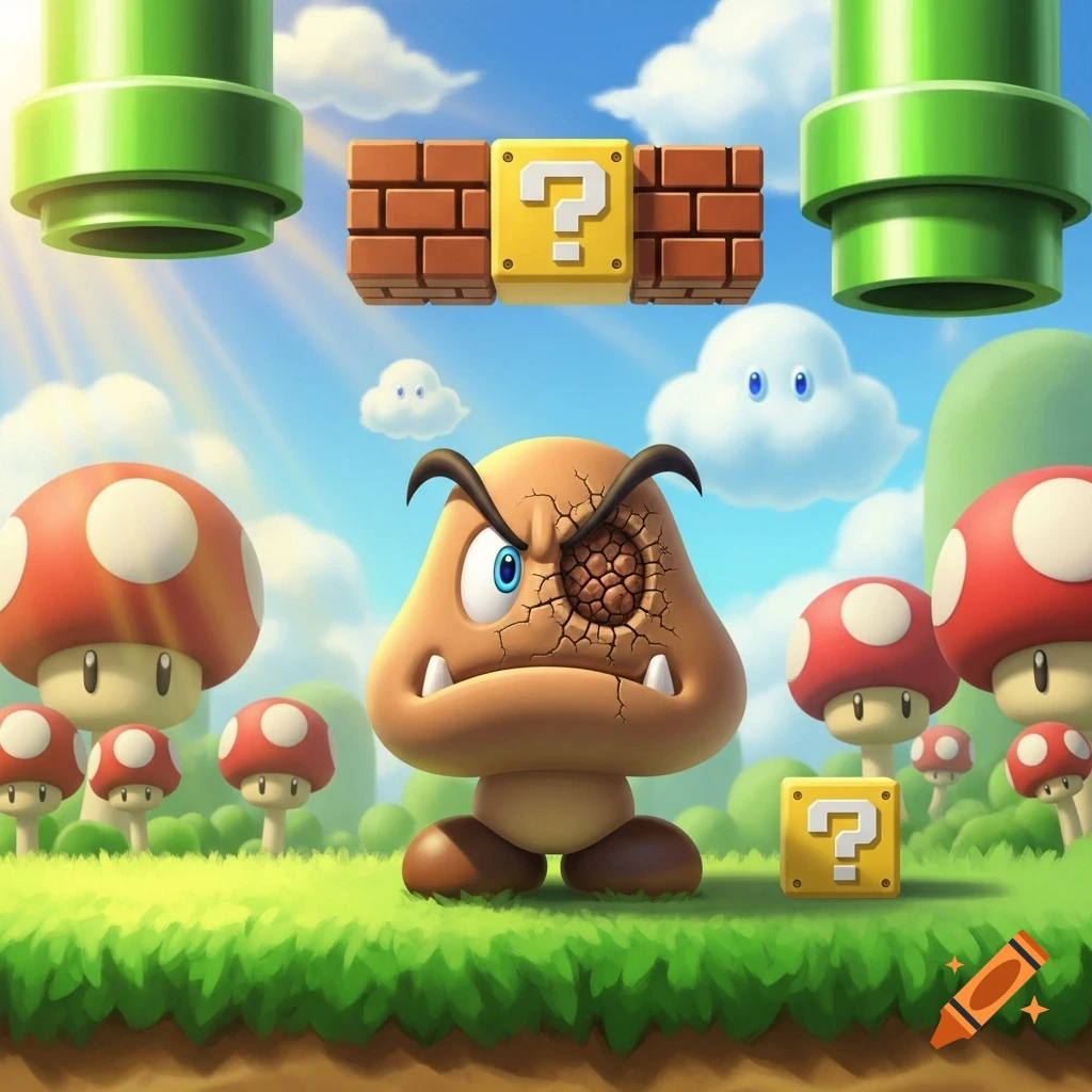 A grumpy Goomba with a pockmarked face in a vibrant Super Mario landscape, surrounded by mushrooms, blocks, and pipes.