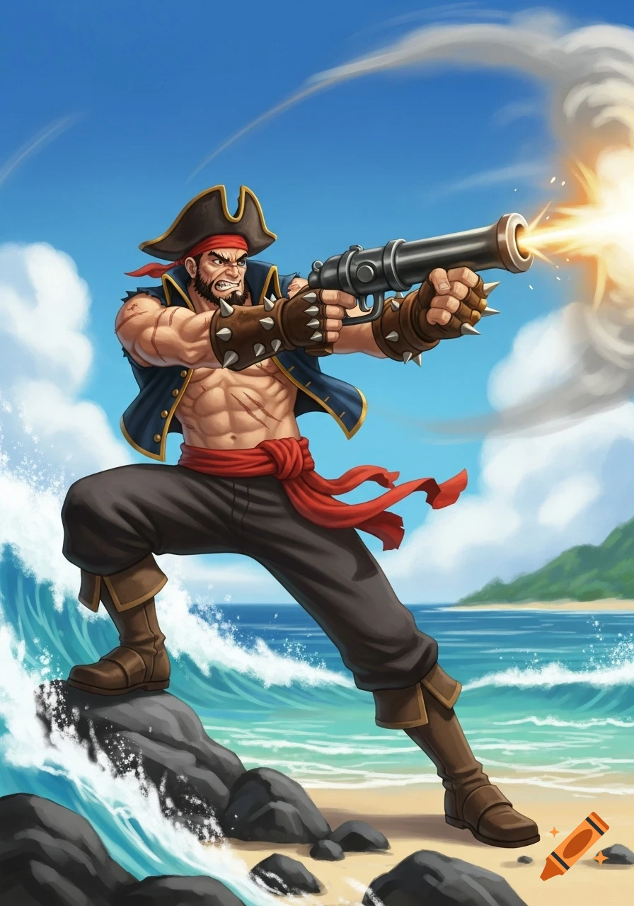 Muscular pirate firing a hand cannon from a rock on a tropical beach, stylized illustration.