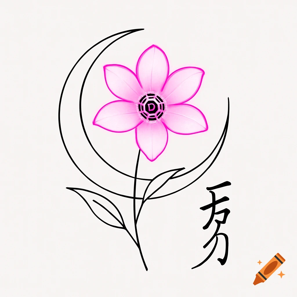 A stylized pink flower with a circular black symbol in its center, encircled by a black crescent moon and stem, with two black leaves. Two black Chinese characters are on the right.