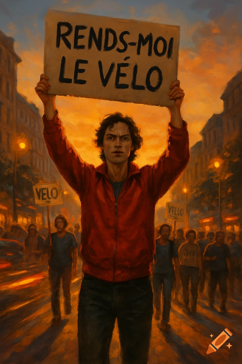 Painterly image of a man holding a sign "RENDS-MOI LE VÉLO" leading a protest crowd in a city street at sunset.