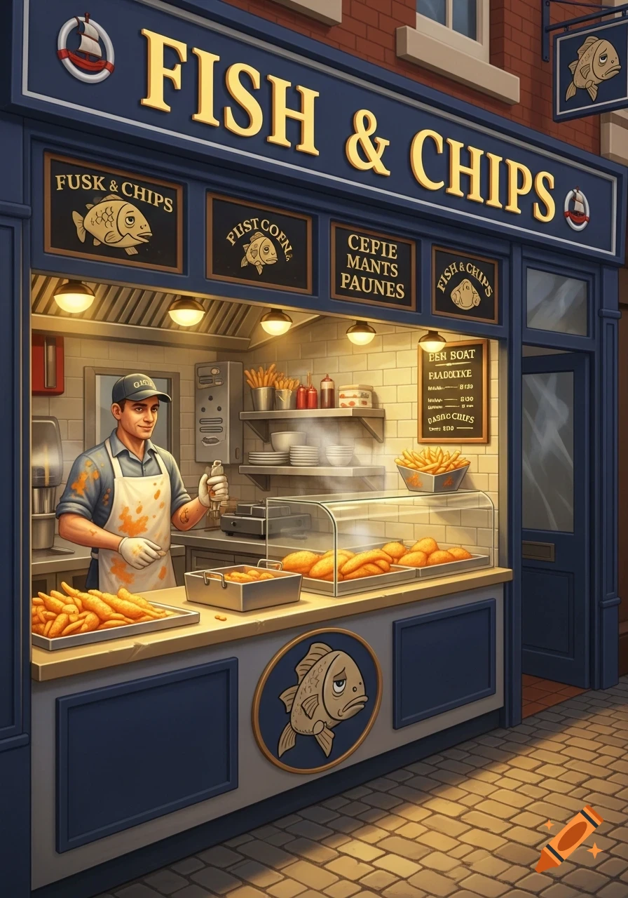 A stylized cartoon image of a fish and chips shop with a smiling male worker inside and various fried foods on display. The shop features a prominent "FISH & CHIPS" sign and a sad fish mascot.