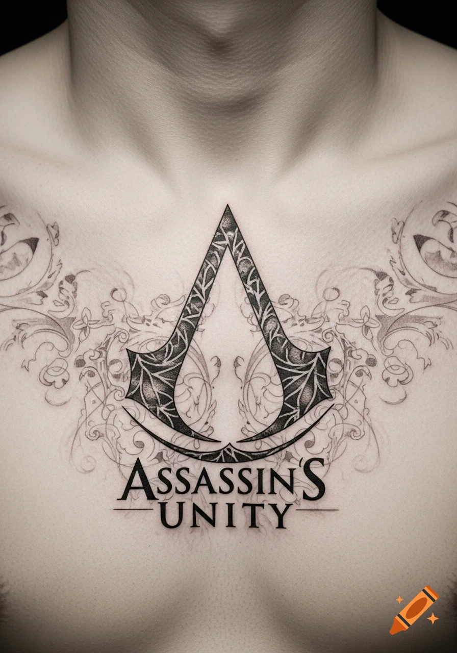 Close-up of a detailed black and white Assassin's Creed Unity logo tattoo with sketch-style flourishes on an upper chest.