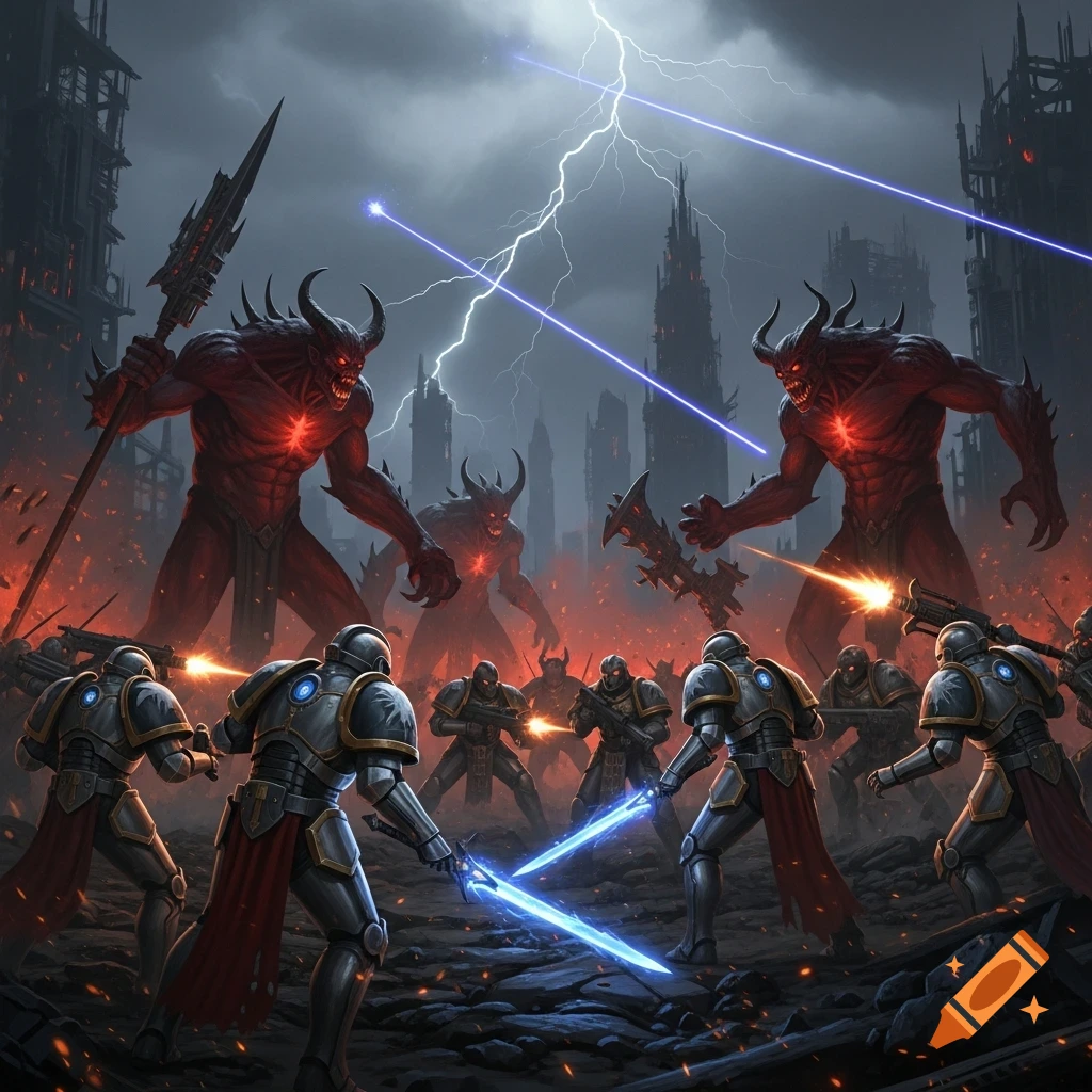 Armored sci-fi knights with glowing swords battle red-skinned horned demons on a fiery, ruined battlefield under a lightning storm.
