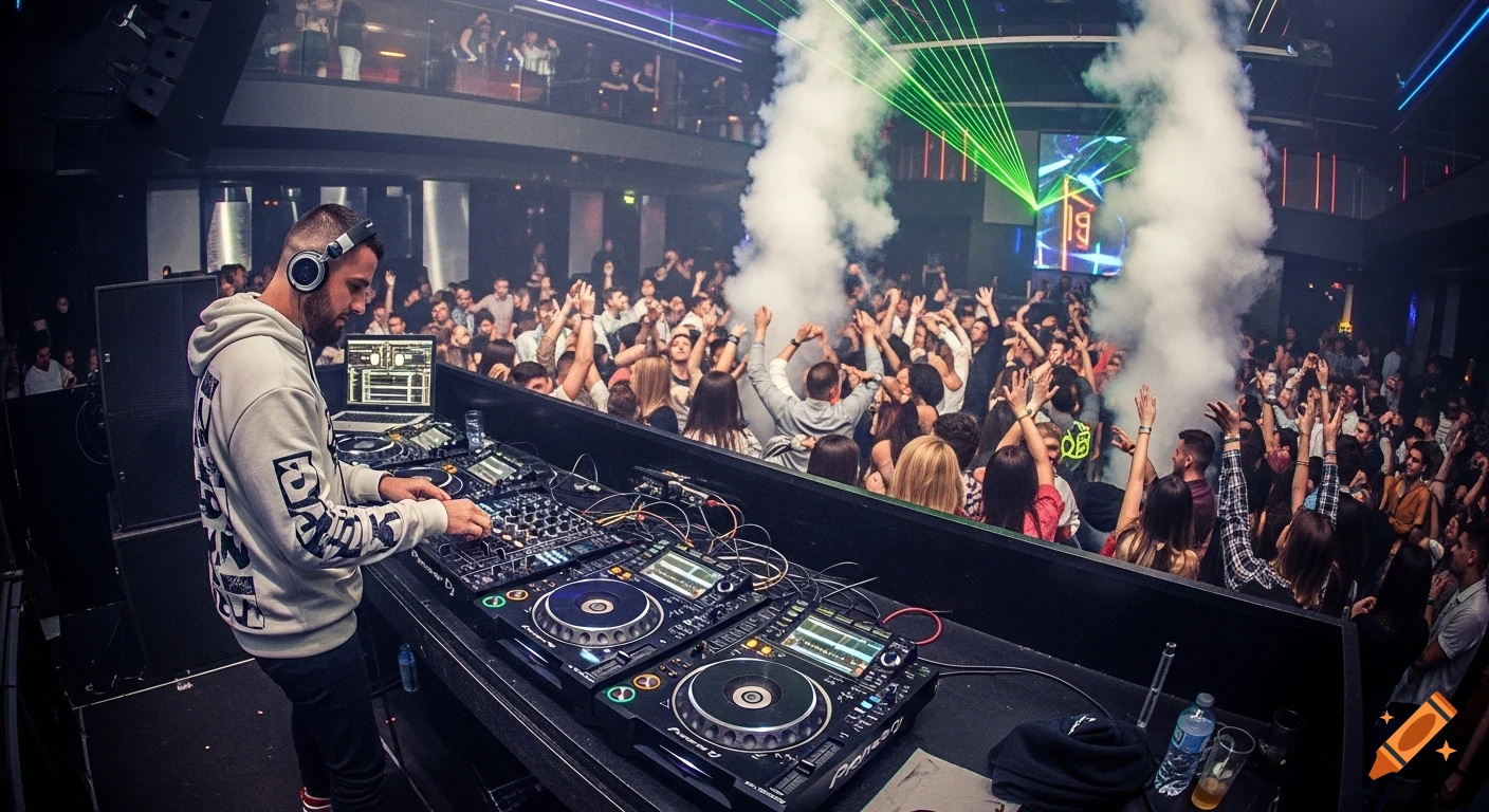 A DJ with headphones and a streetwear outfit mixing music on turntables in a high-energy nightclub with a large dancing crowd, fog, and laser lights.