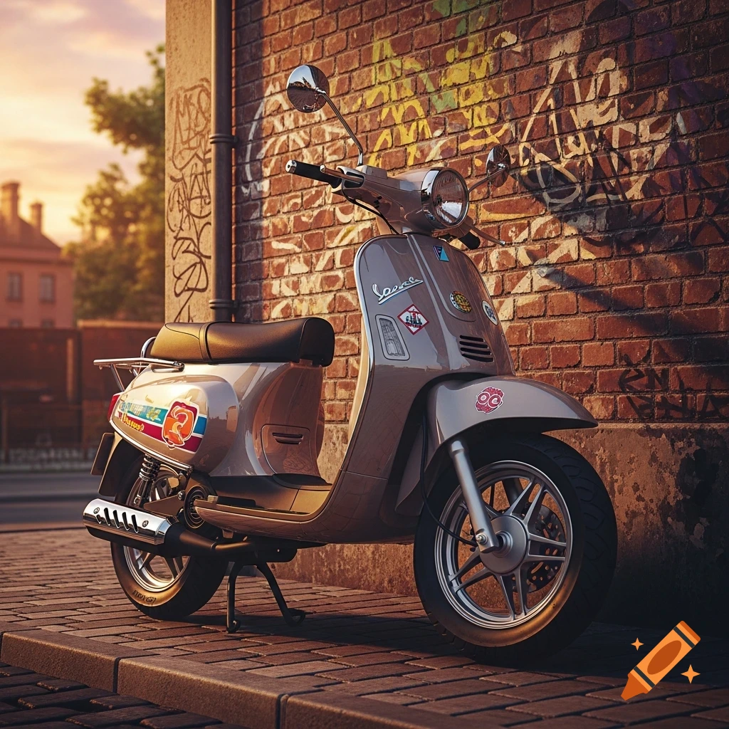 A beige retro-style scooter with stickers parked on a cobblestone sidewalk against a brick wall with graffiti at sunset.