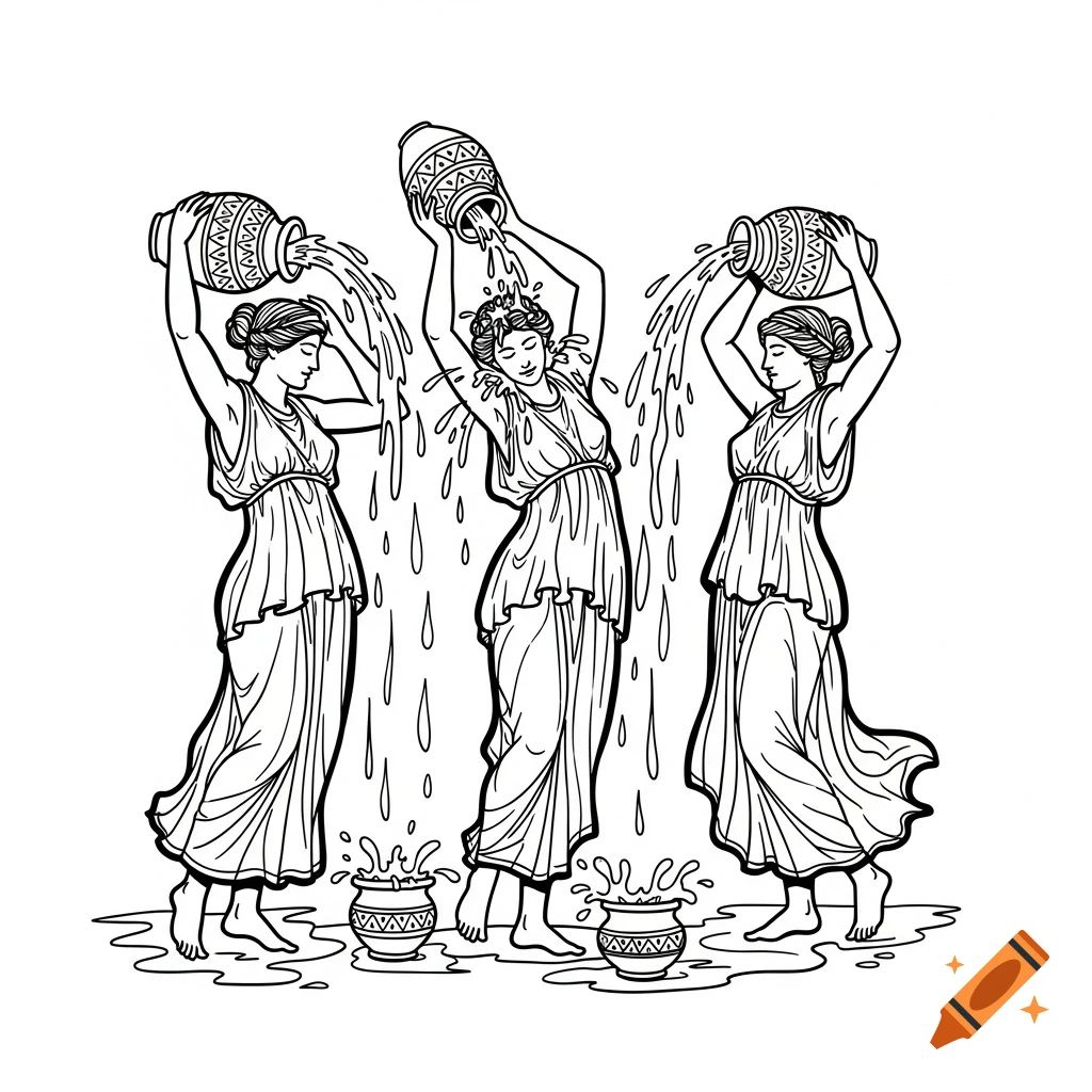 Black line drawing of three ancient Greek women spilling water from jars onto themselves and pots on the ground.